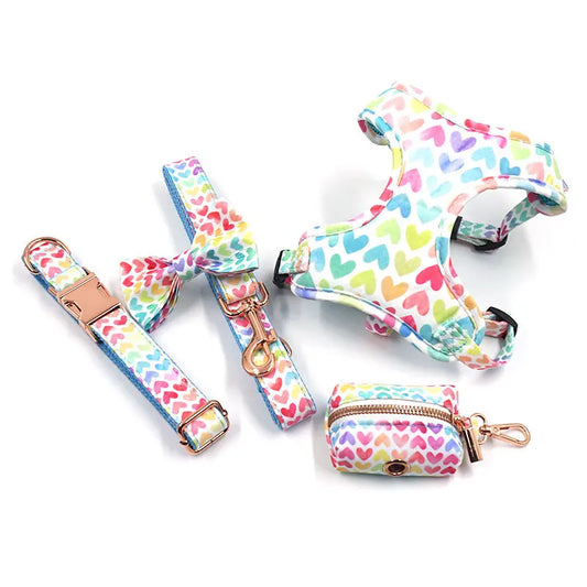 Colorful Love: 5-Piece Colorful Hearts Print Pet Harness Set for Stylish Pets